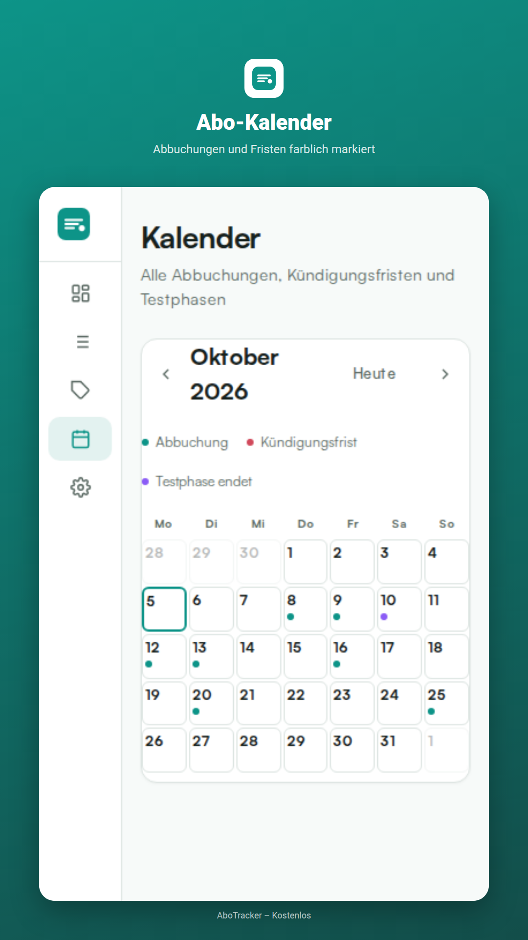 AboTracker Kalender mit Kündigungsfristen