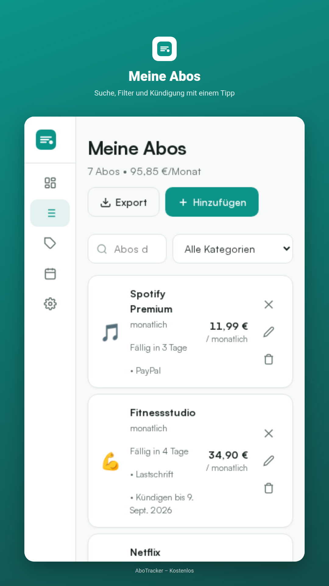 AboTracker Meine Abos Übersicht