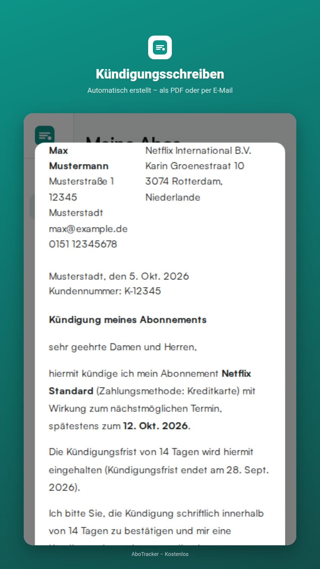 AboTracker Kündigungsschreiben erstellen